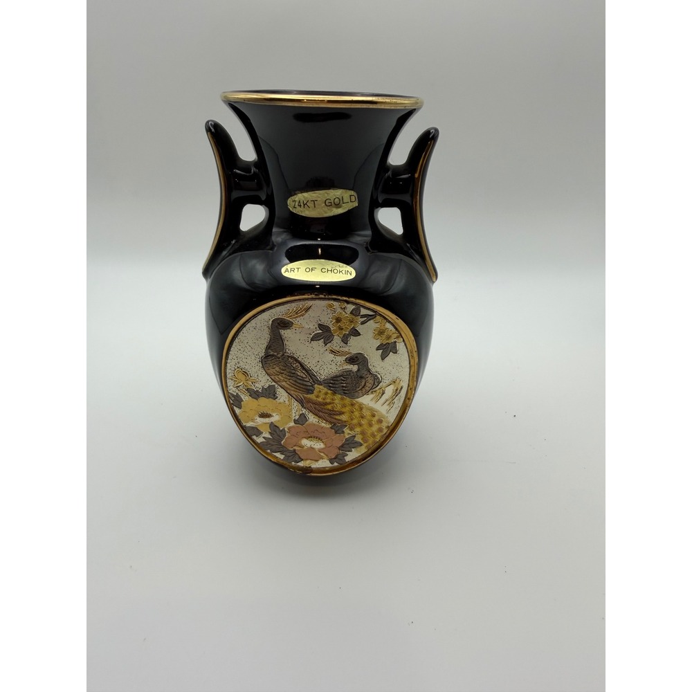 Vintage Dynasty Gallery Art of Chokin Black Peacock Miniature Vase 24K Gold